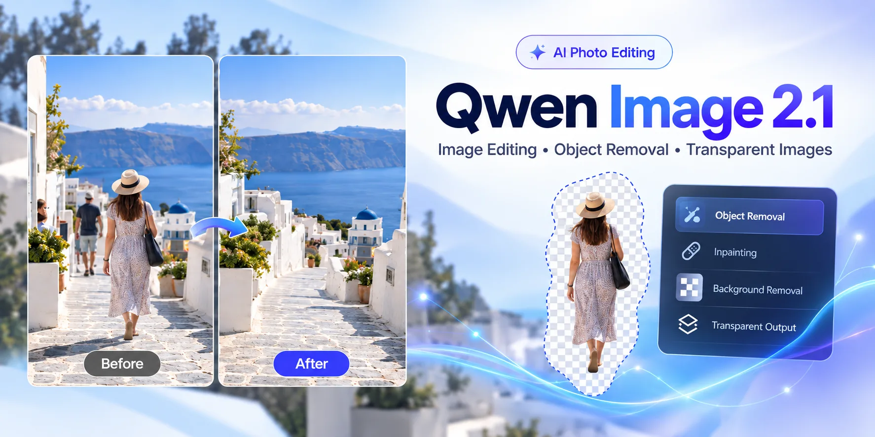 Qwen Image 2.1 showcase of local image editing, object removal, and transparent RGBA generation