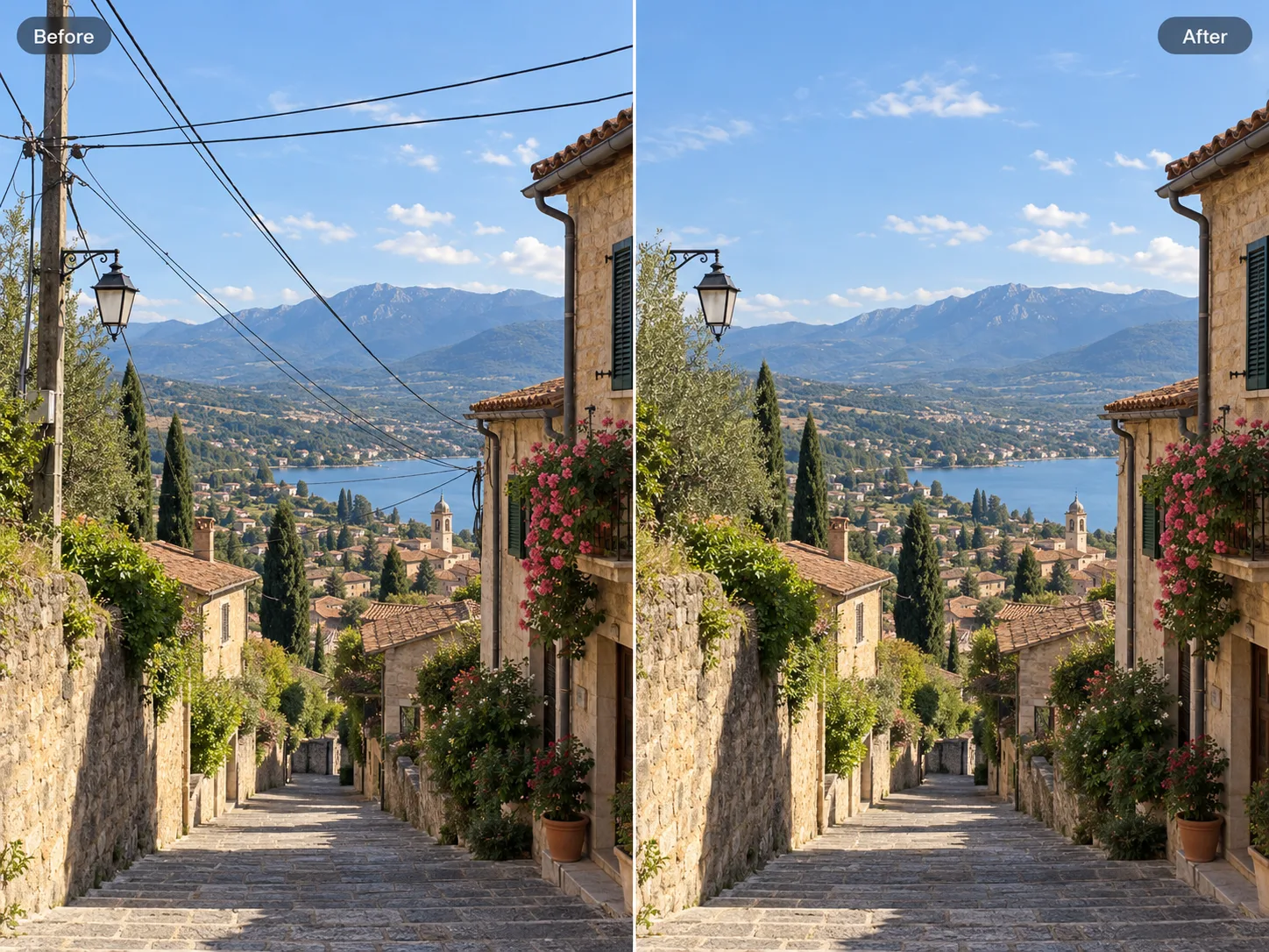 Before and after removing power lines from a hillside village photo