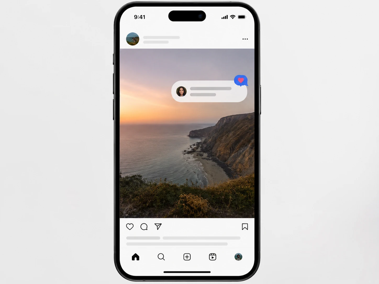 Phone screenshot with a message bubble sticker overlaid on a social post