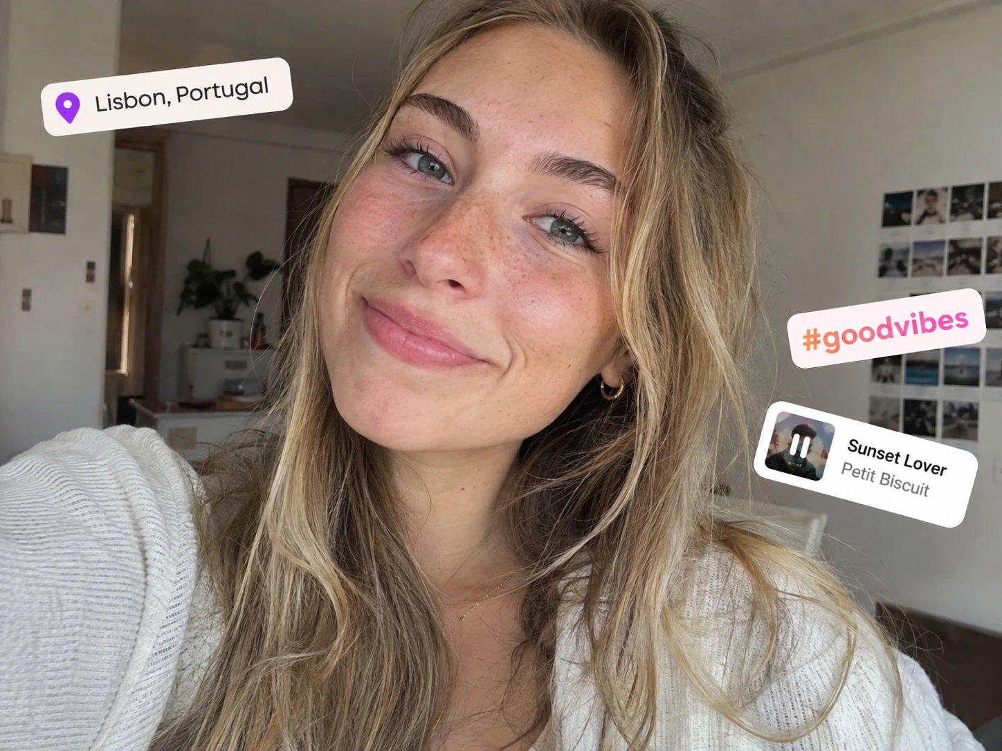Instagram story with location, hashtag, and music stickers overlaid on a selfie