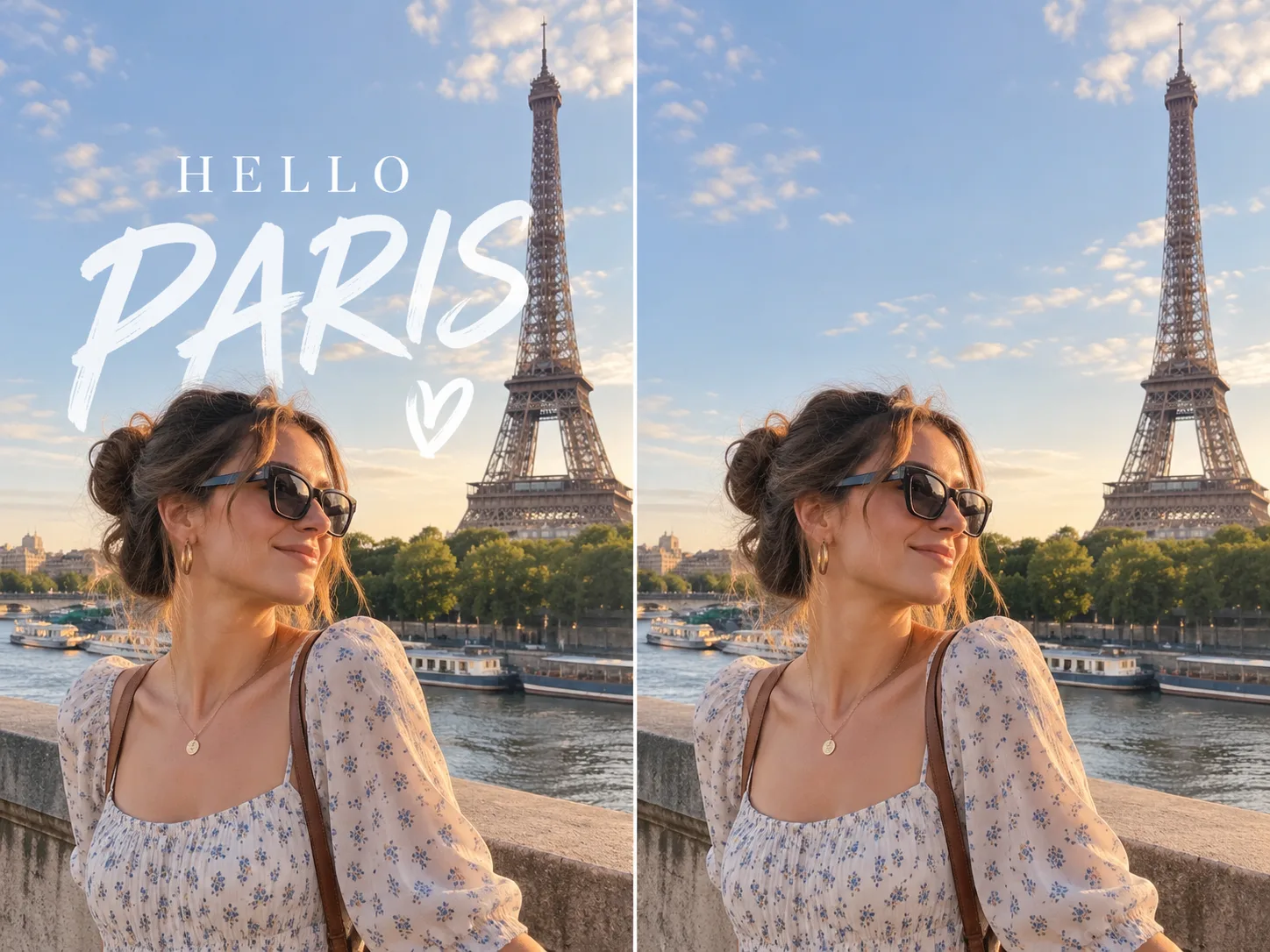 Before and after removing HELLO PARIS text overlay from a travel photo