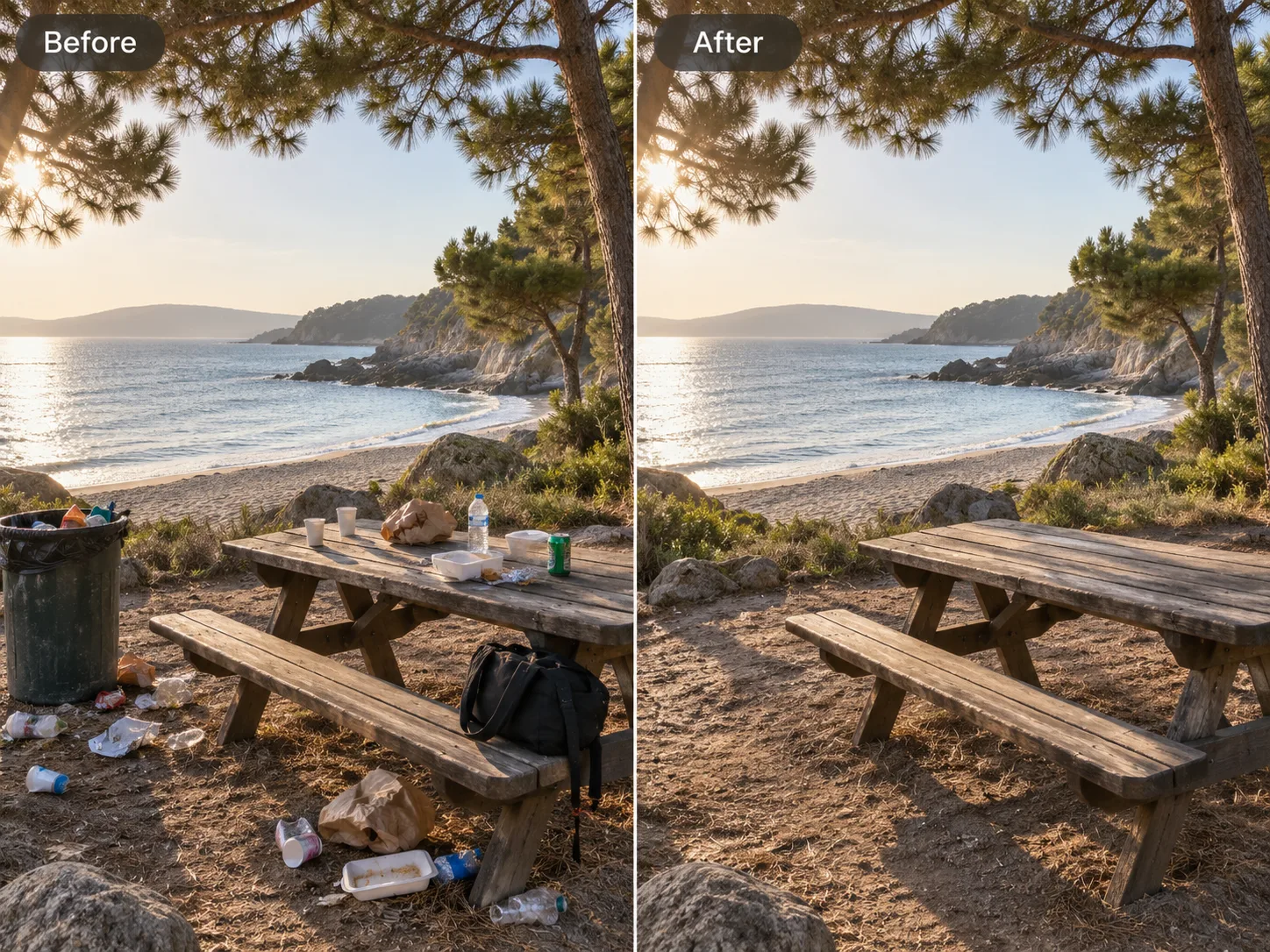 Before and after removing trash and picnic clutter from a coastal photo