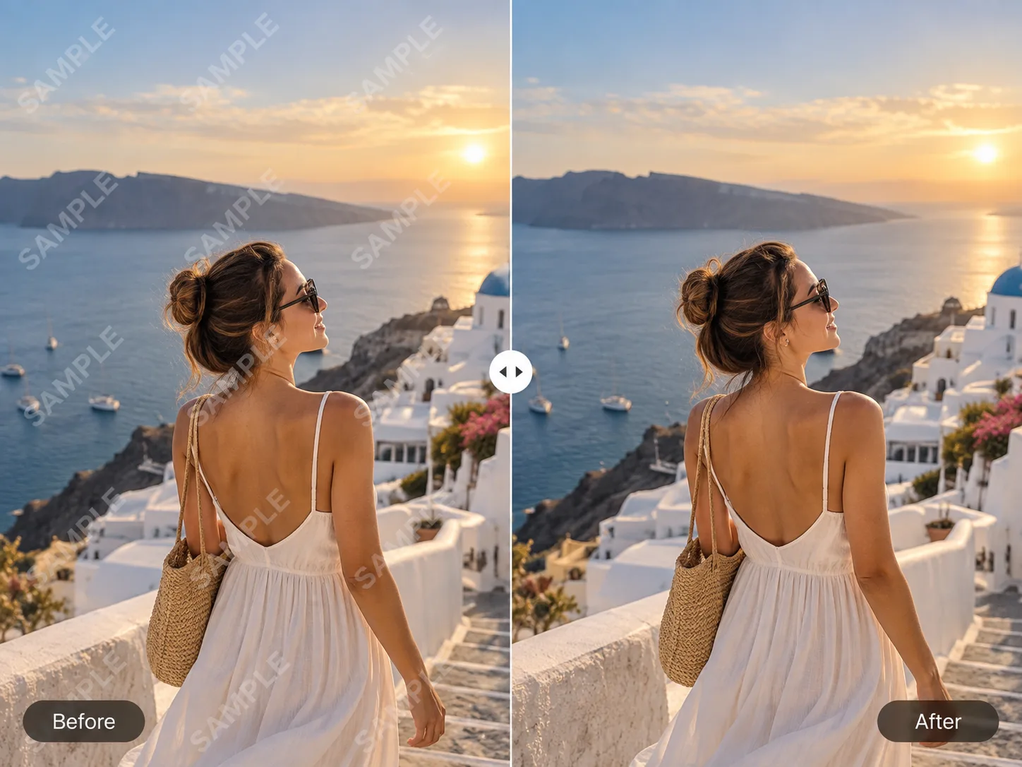 Before and after removing SAMPLE watermarks from a coastal travel photo